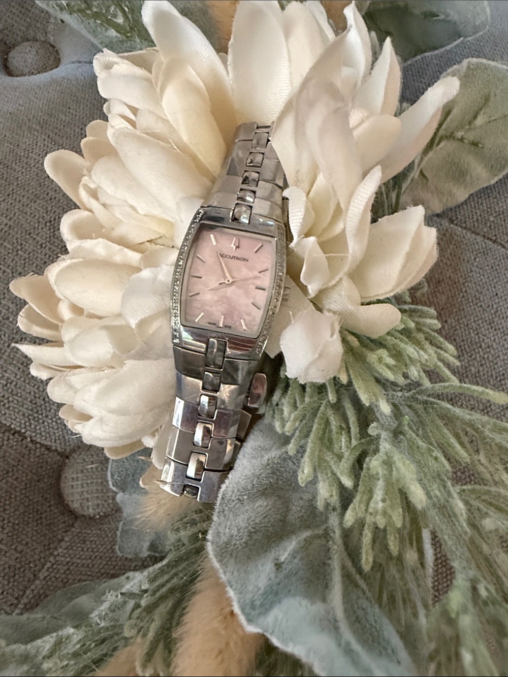 Bulova Accutron Pink Mother-of-Pearl Stainless Steel Ladies Watch with diamonds